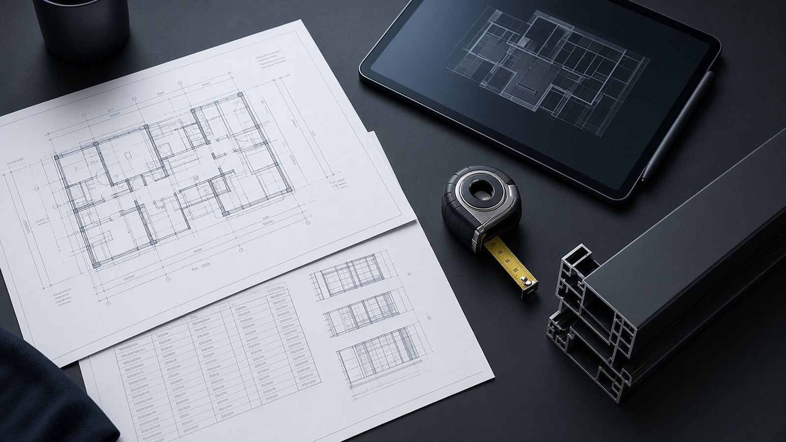Window and door schedule drawings with a tape measure and frame sample