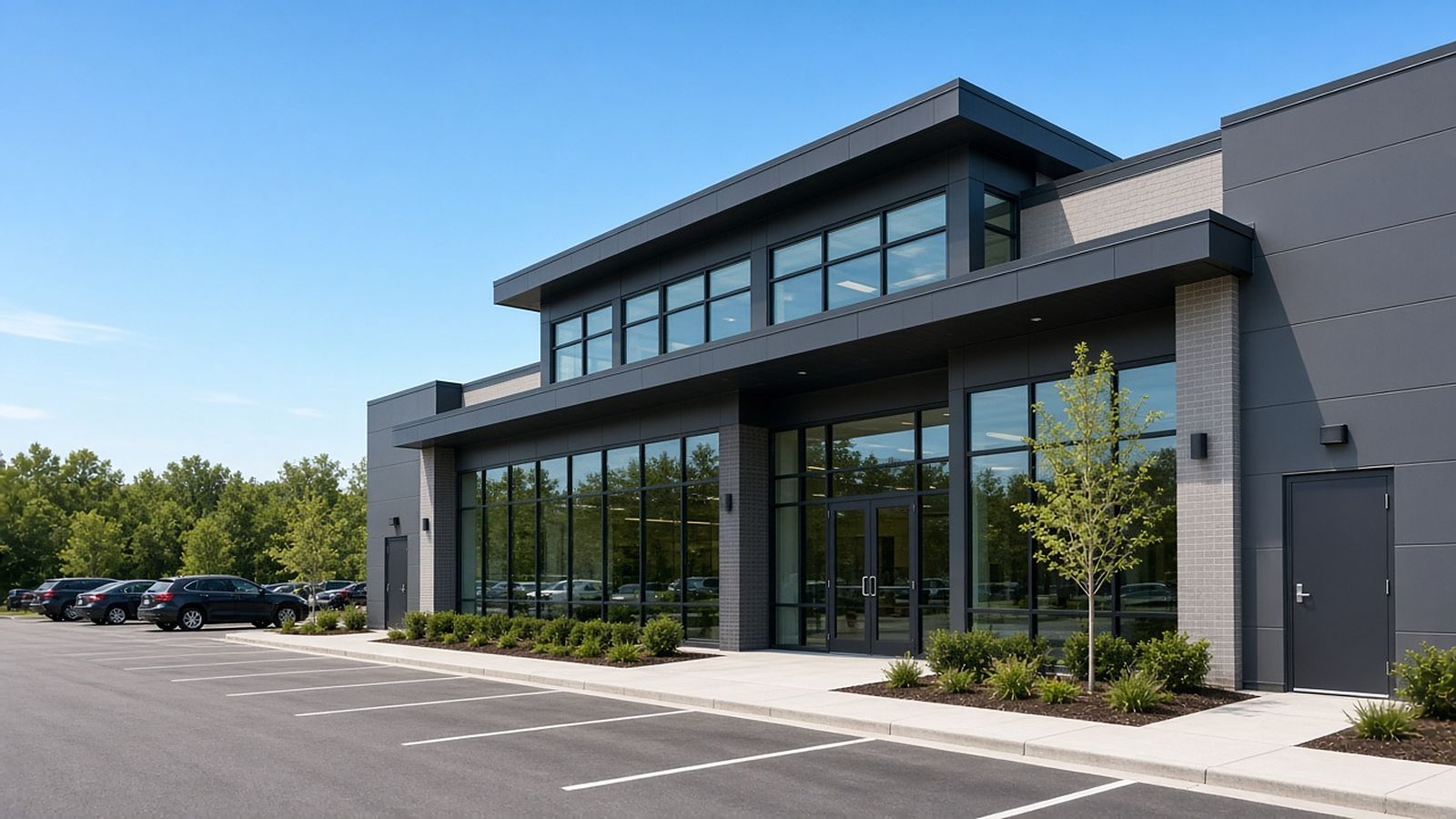 Contemporary commercial building with storefront and steel doors
