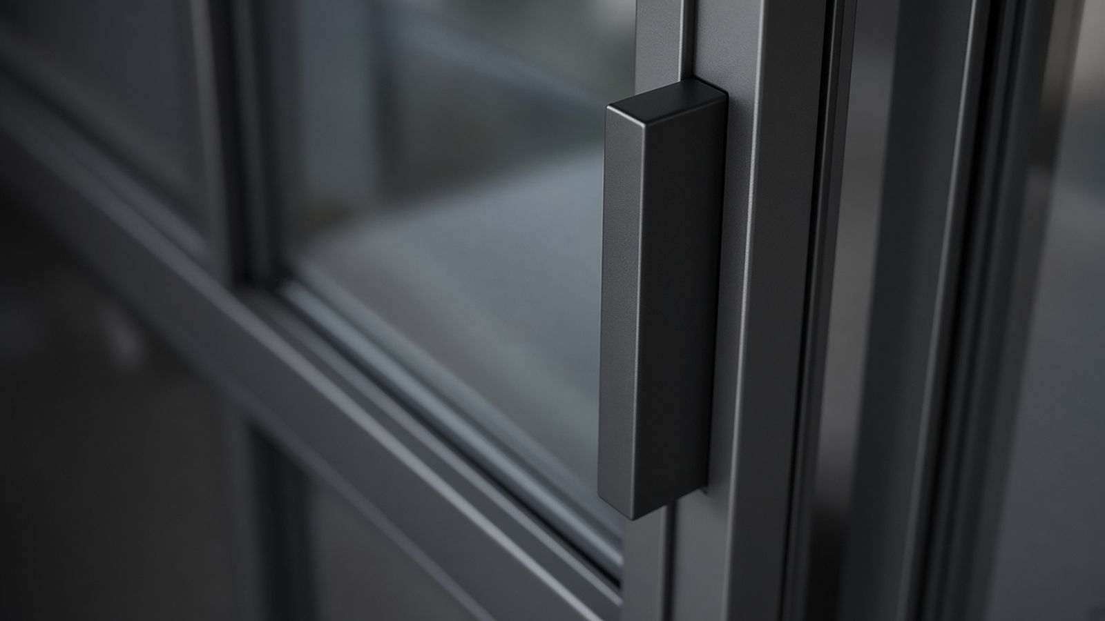 Close-up of a black aluminum door handle