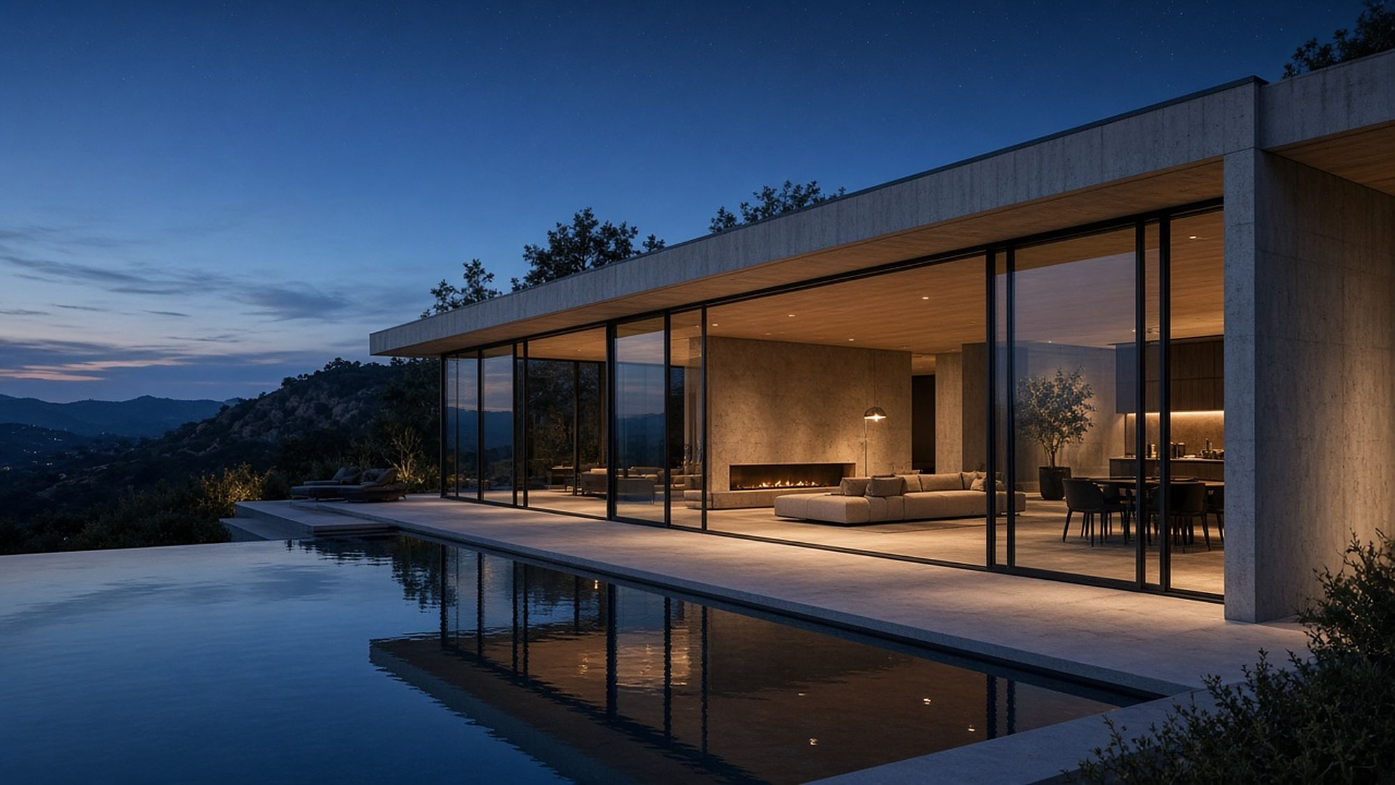 Modern single-story home at dusk with floor-to-ceiling black-frame glass walls