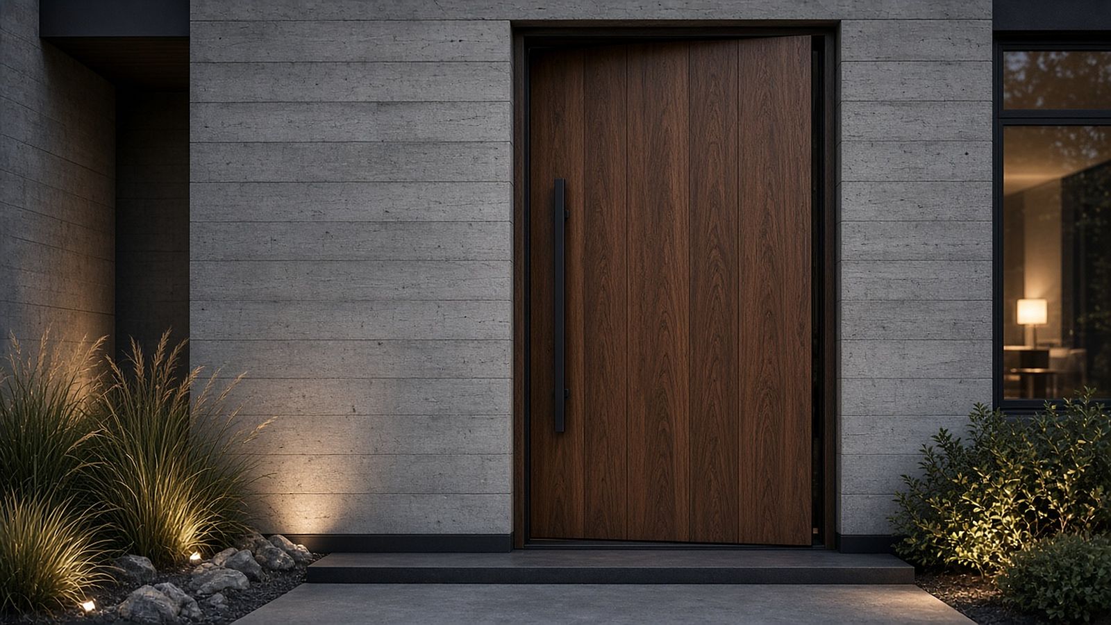Modern pivot entry door in dark walnut