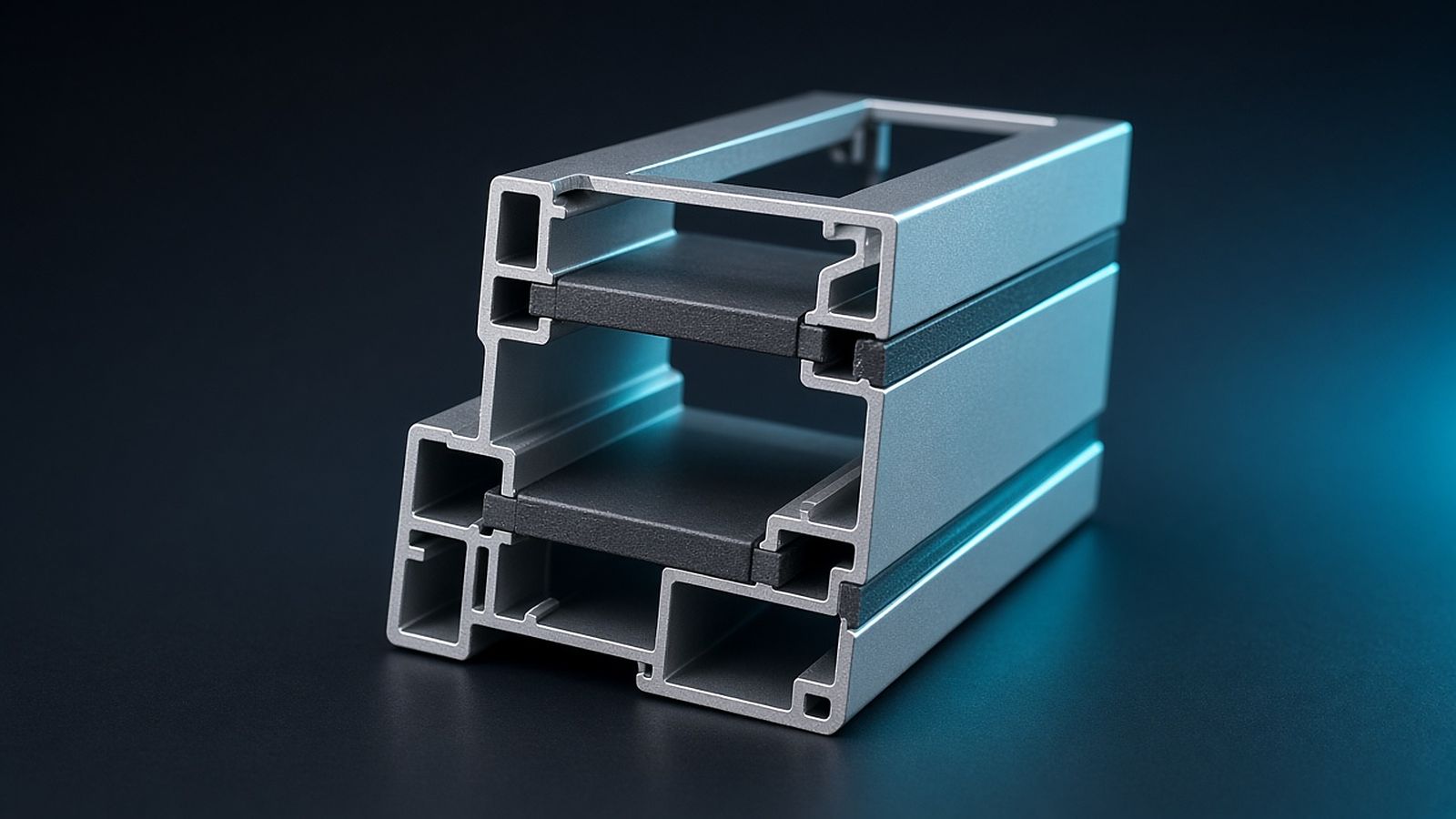 Cross-section of a thermally broken aluminum window frame